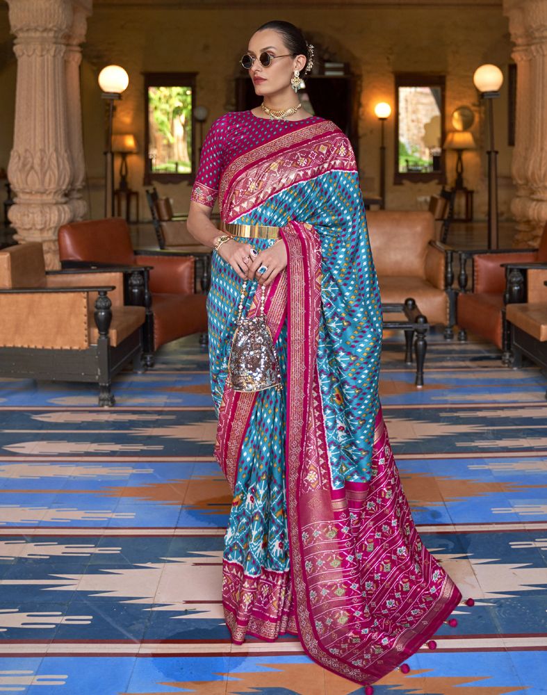 Handwoven Blue Navratan Pattern Patan Patola Saree – WeaverStory