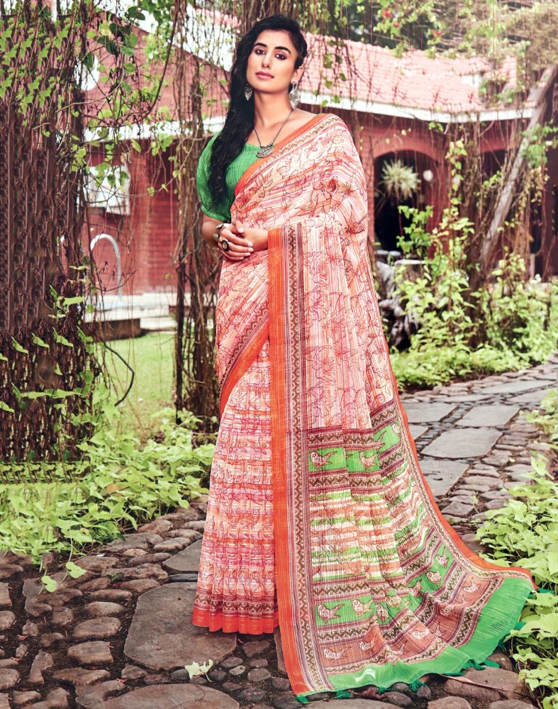 Trending Fashion Floral Printed Chiffon Carrot Orange Saree|SARV120234