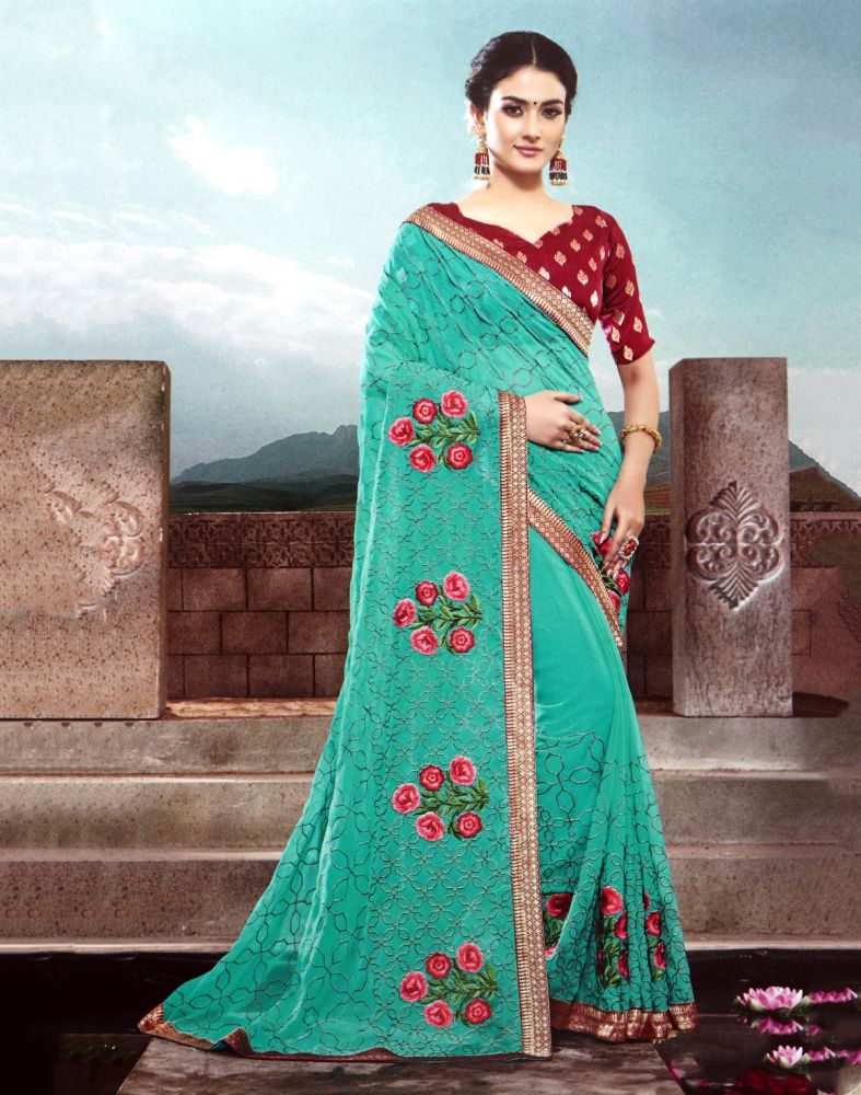 Chiffon Party Wear Saree in Green with Thread work | Party wear sarees,  Chiffon fabric, Party wear