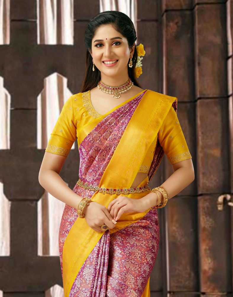 Yellow Saree with Purple Blouse