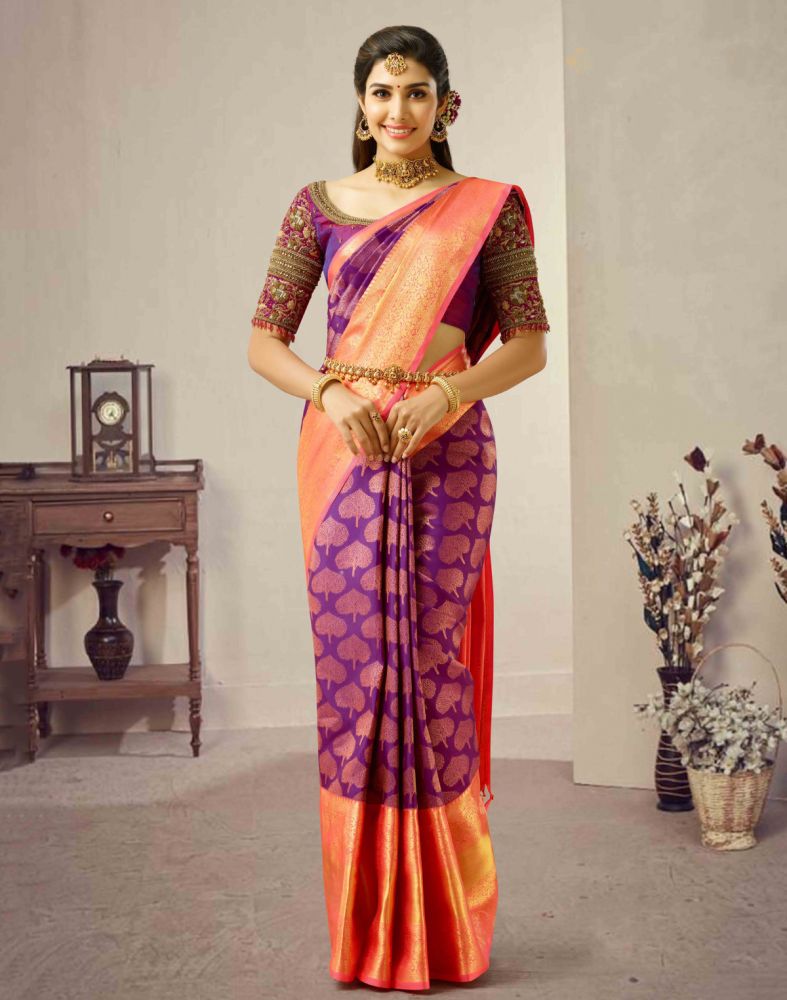 Purple raw silk weaving saree with temple woven border and contrast pallu  with contrast blouse piece – Meshira