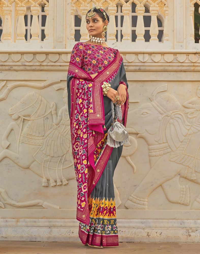 Banarasee Tissue Mirror Work Saree With Pink Silk Blouse-Silver