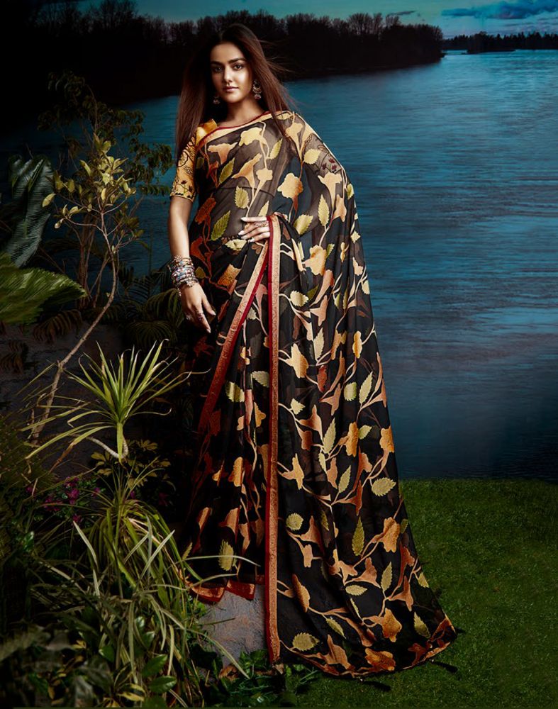 Black Printed Chiffon Saree – Leemboodi