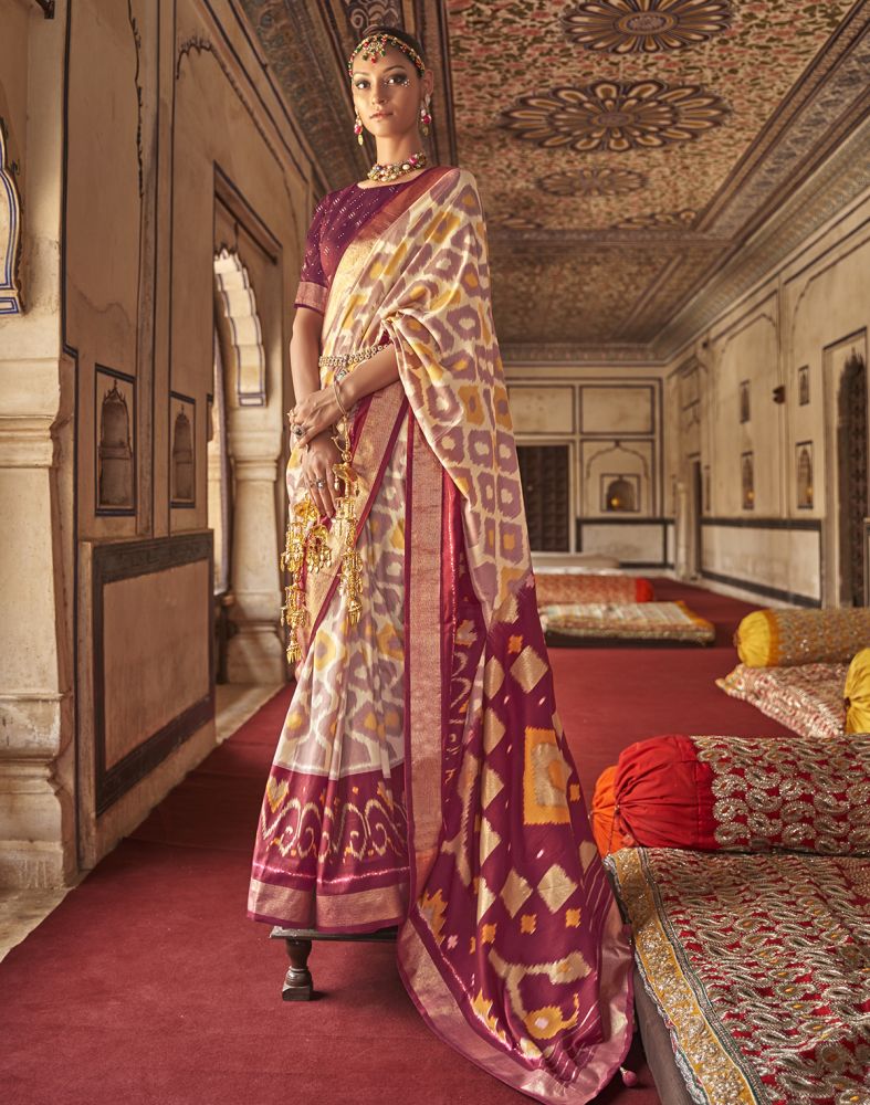 Mysore Silk Casual Wear Magenta Color Ikat Print Saree