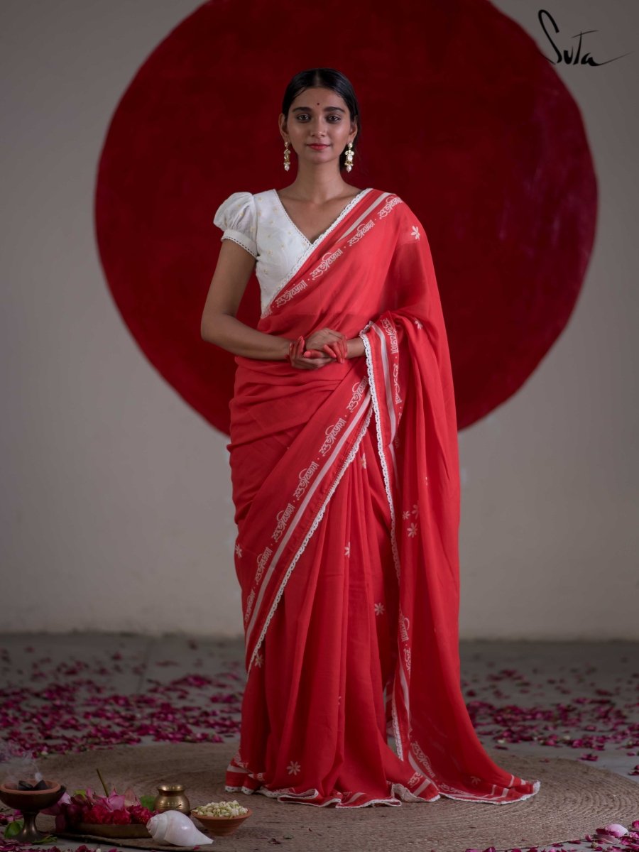 Red Foil Printed Saree Emblished with Gota Lace with Unstitched Contrast White  Blouse - INDI INSIDE - 3729538