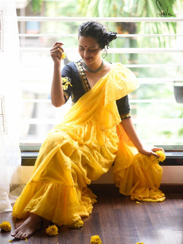 Pink Mulmul Cotton Ruffle Saree, Dancing Hibiscus Nights