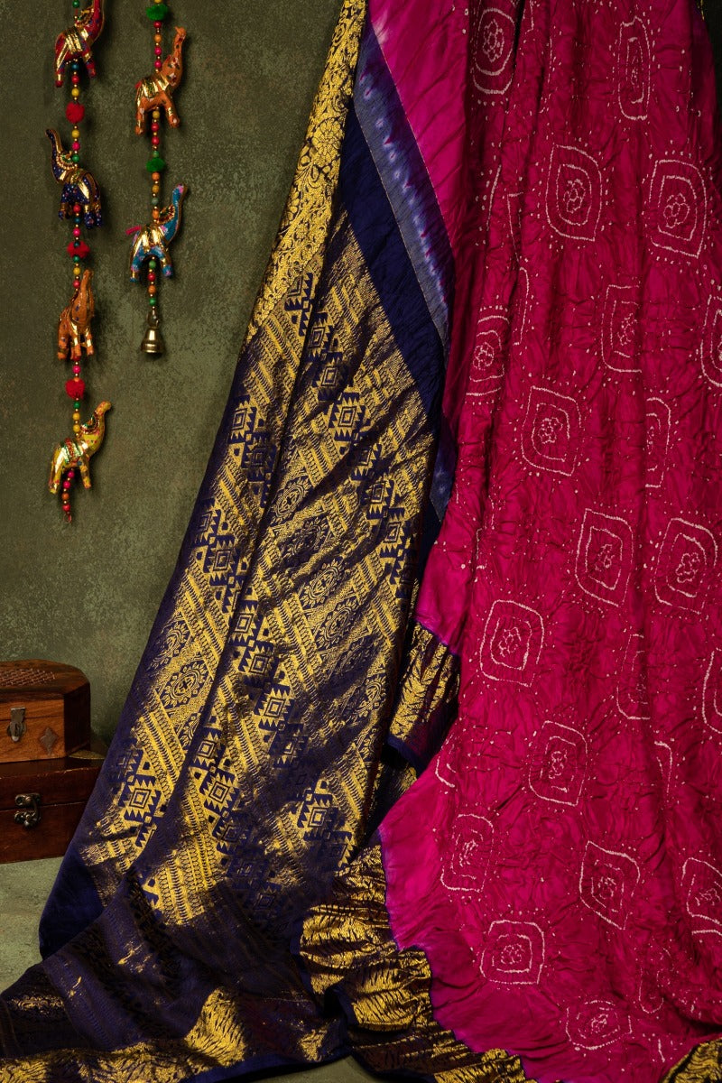 Bandhani Silk Magenta Saree