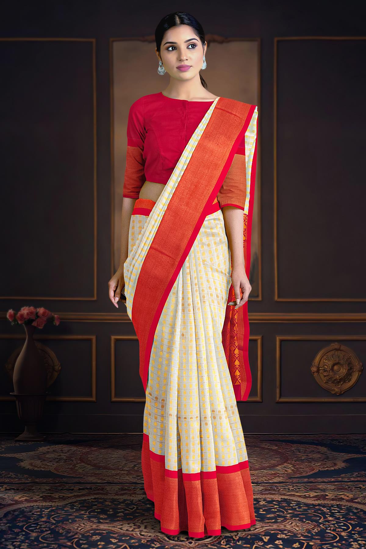 Buy Cream and Red Check Kanjivaram Sari Online in USA with Zari Border –  Pure Elegance