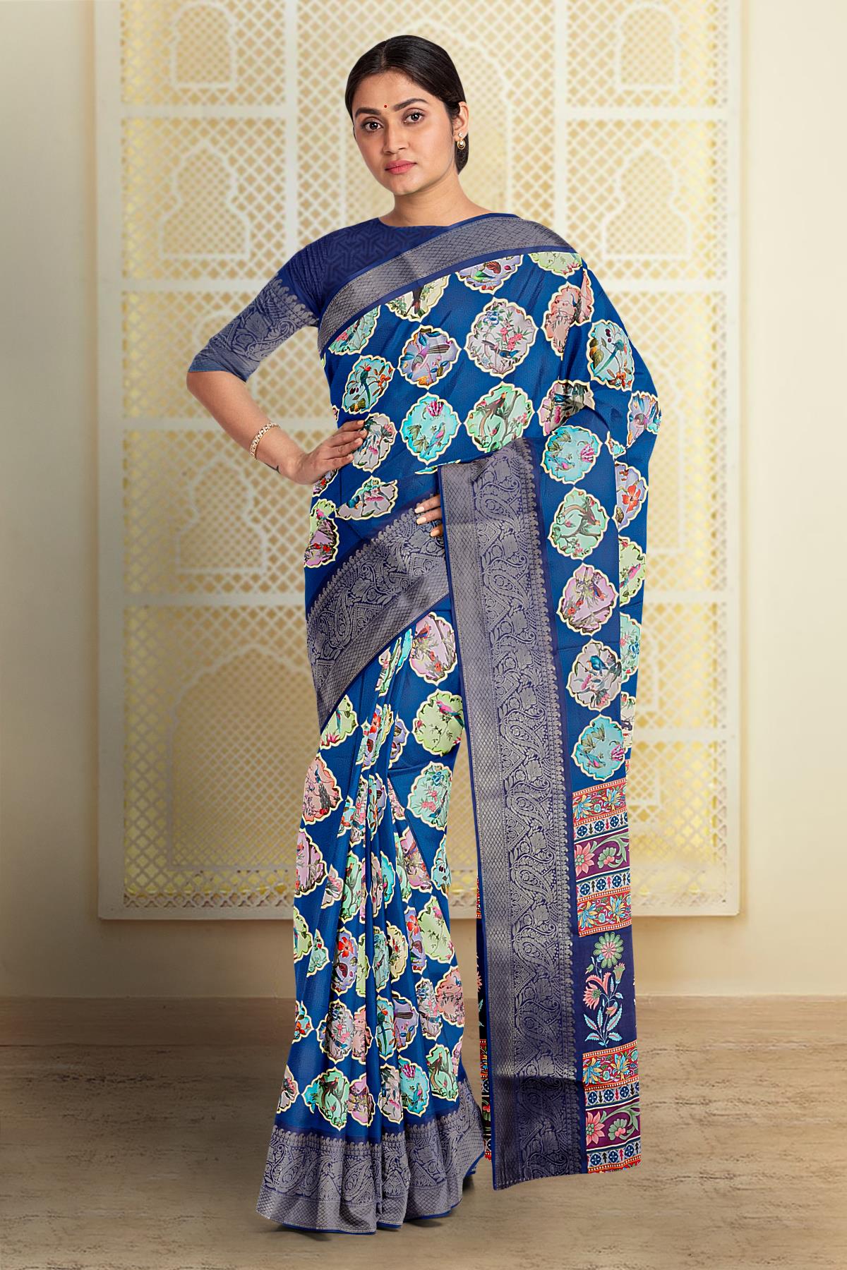 Navy blue embroidered satin saree with blouse - Griva Designer - 3876231