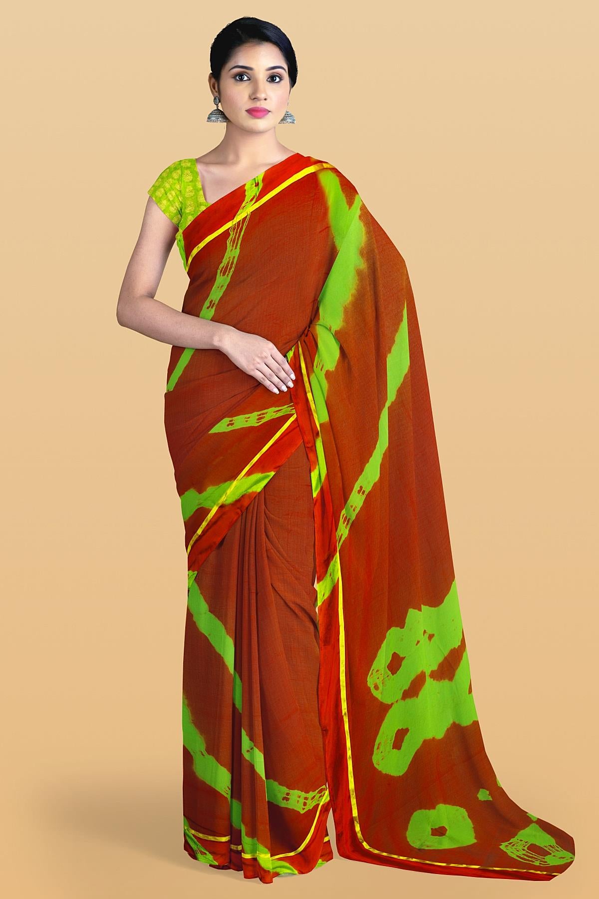 Wine Bandhej Printed Chiffon Saree & Blouse 5690SR05