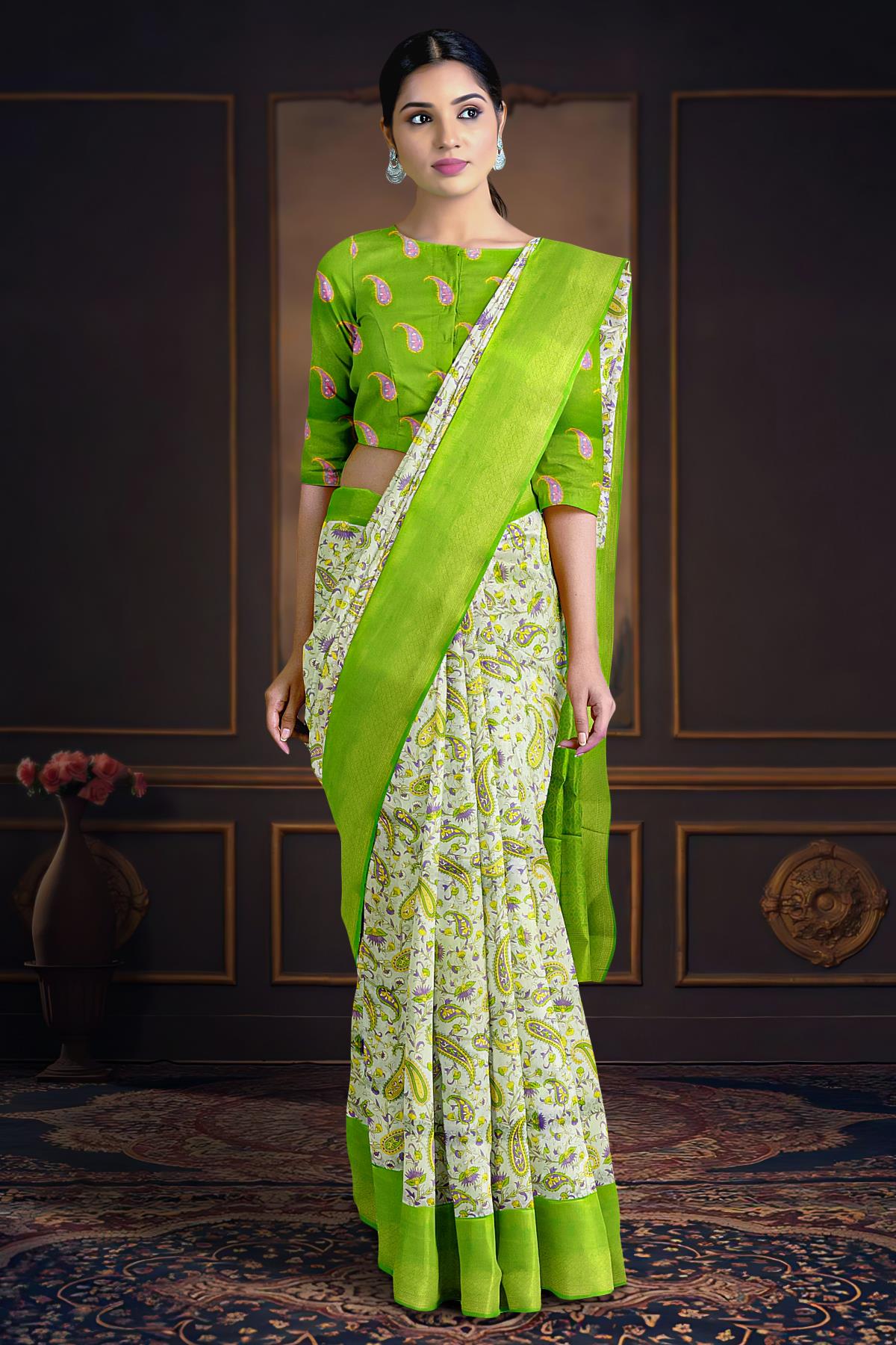 MULTI and LIGHT GREEN PAISLEY SOFT SILK Saree with BANARASI FANCY –  Cherrypick