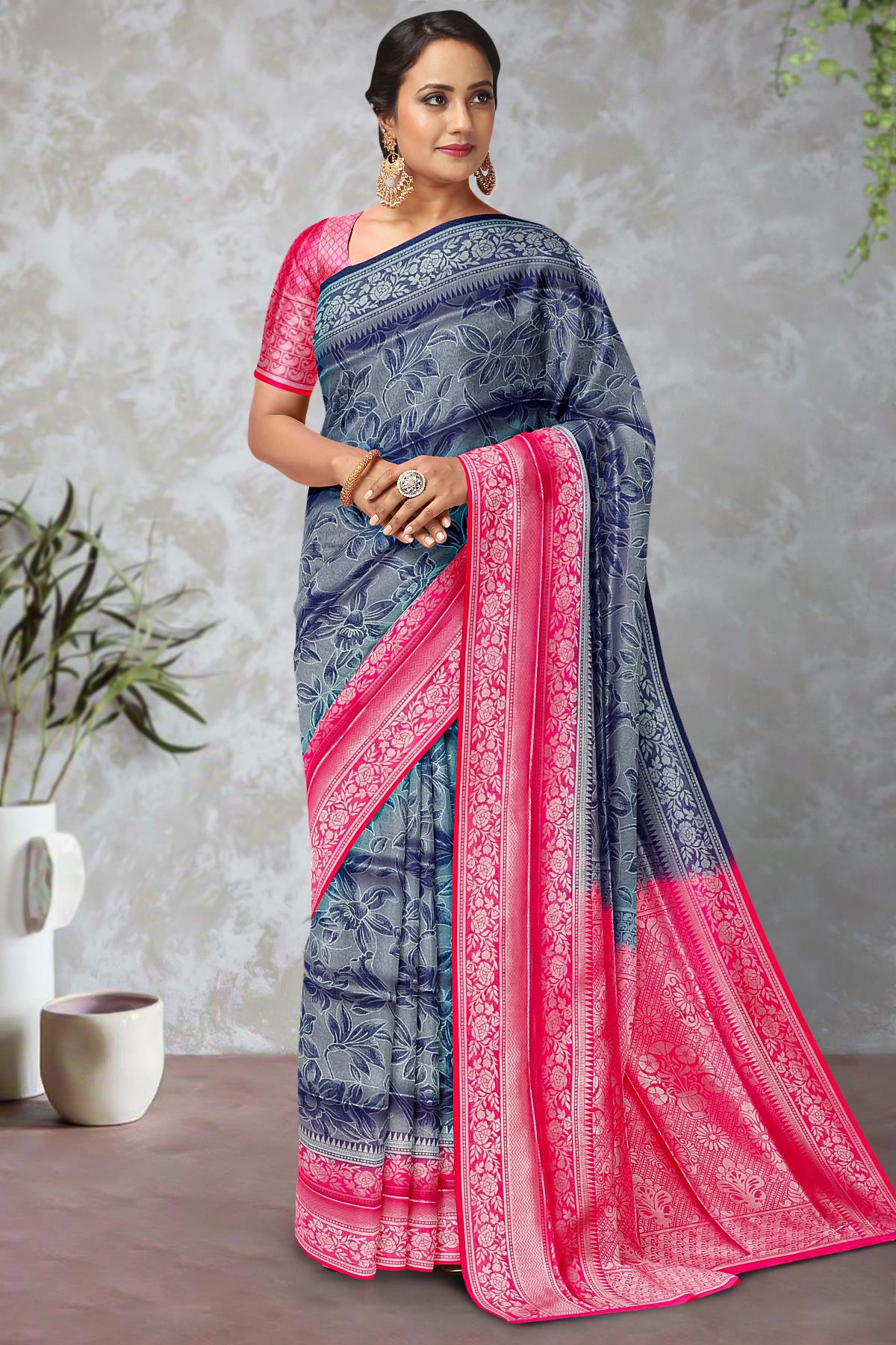 NAVY BLUE and DARK PINK FLORAL JAAL SOFT SILK Saree with FANCY