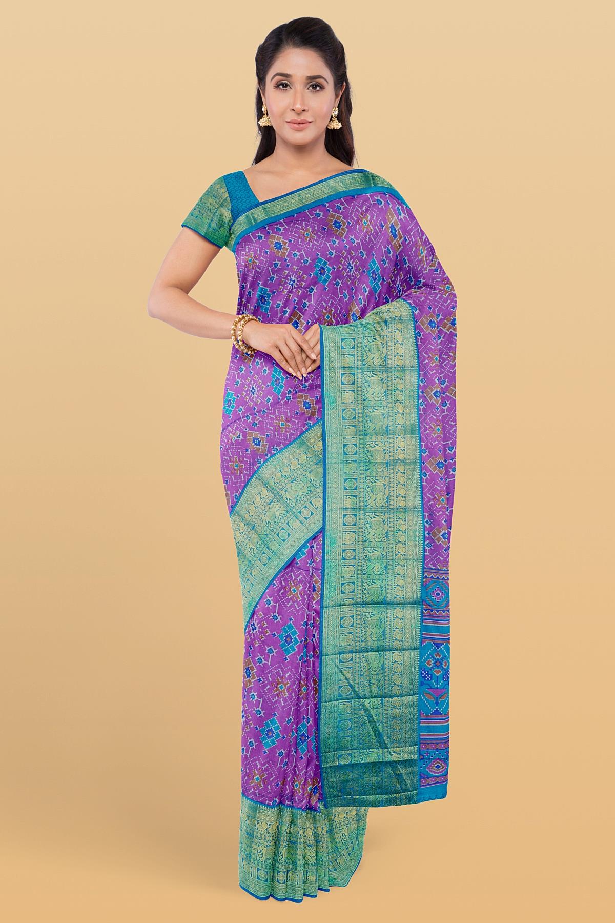 Sea blue and purple kanchipuram silk saree with hand worked blouse – Threads