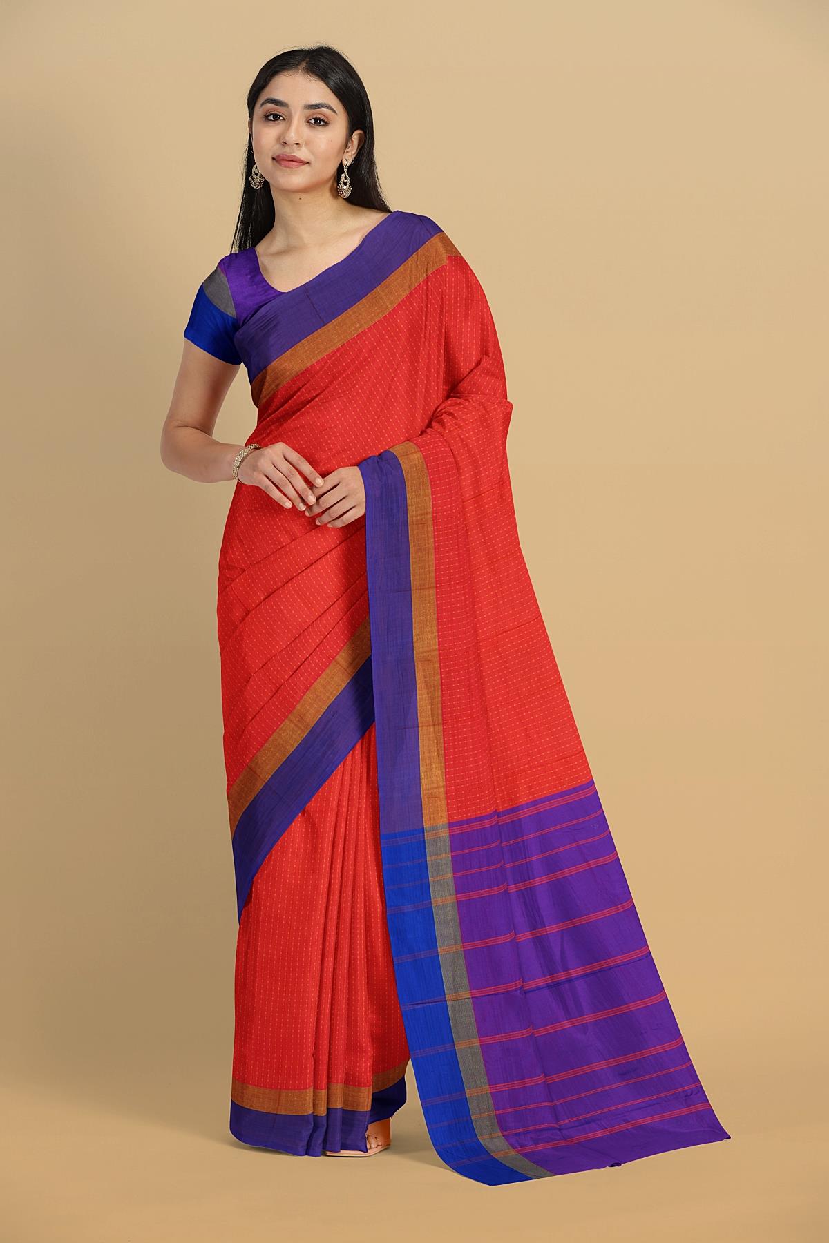 Buy Orange-Blue Georgette Rapid Hand Block Printed Silk Saree-UNM69383  Online at Unnatisilks.com|UNM69383