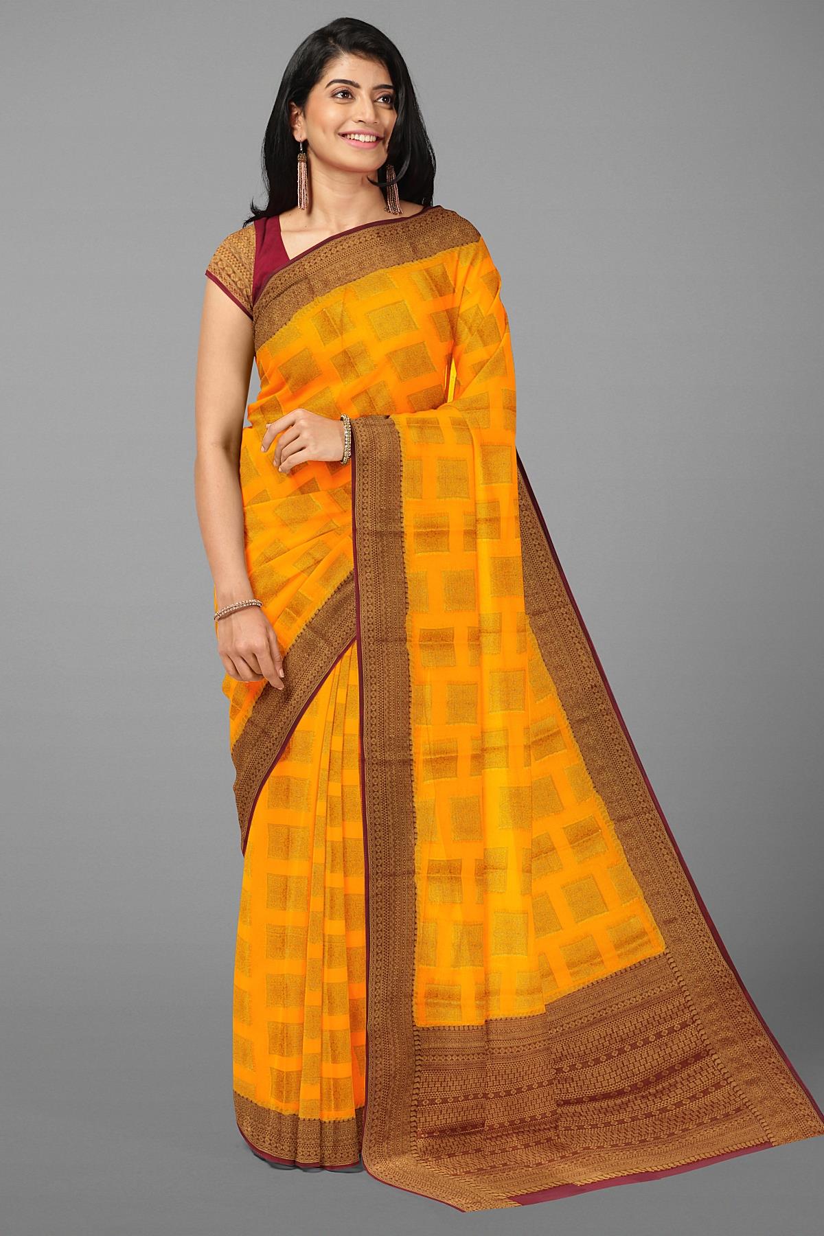 MUSTARD and MAROON BUTTIS GEORGETTE Saree with BANARASI FANCY