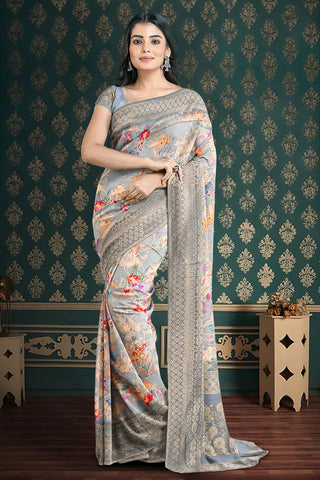 SLATE GREY and MULTI FLORALS BHAGALPURI SILK Saree with BANARASI FANCY