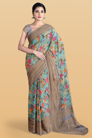 TURQUOISE and GREY FLORALS BHAGALPURI SILK Saree with BANARASI FANCY