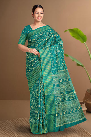 TEAL and OFF WHITE DIGITAL PRINT SILK BLEND Saree with FANCY