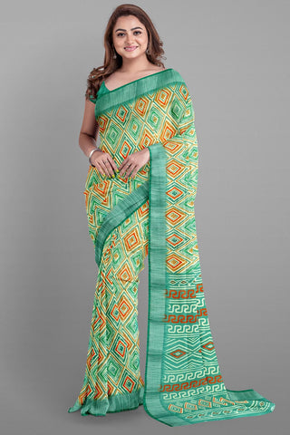 MULTI and DARK GREEN SHIBORI PRINT LINEN Saree with FANCY