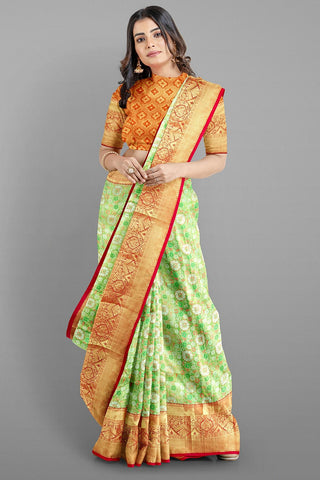 PARROT GREEN and PINK BROCADE SILK Saree with KANCHIPURAM