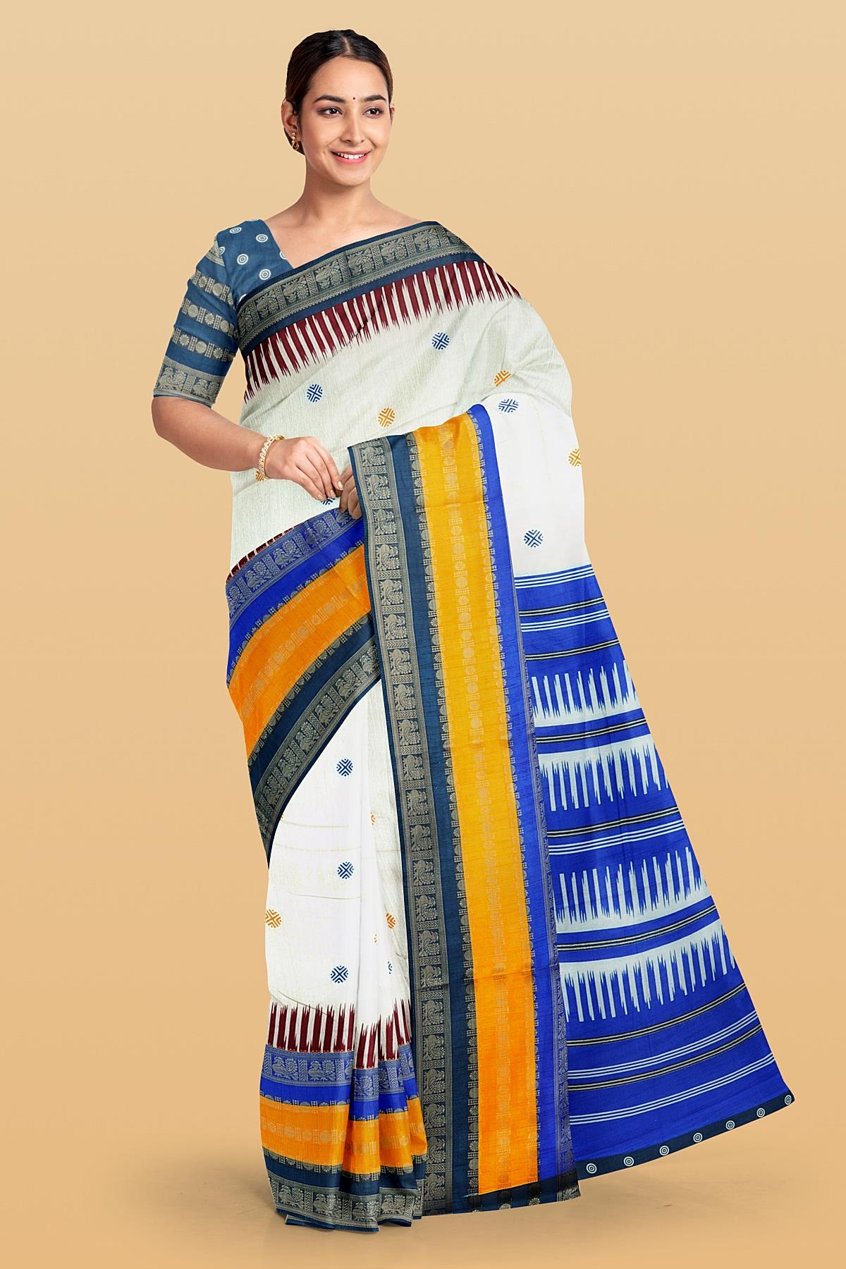 CREAM AND PEACOCK BLUE BUTTIS SILK SAREE WITH FANCY