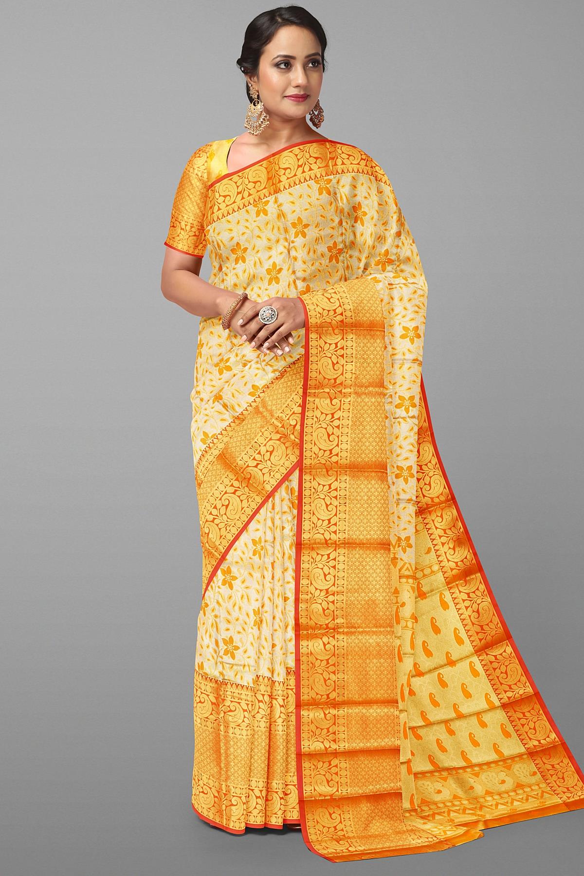 LIGHT ORANGE and SILVER BROCADE SILK Saree with KANCHIPURAM