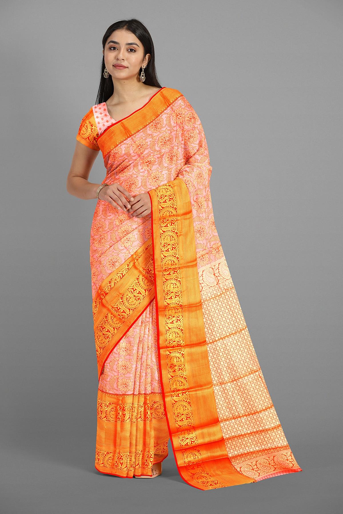 ORANGE and GOLD BROCADE SILK Saree with KANCHIPURAM