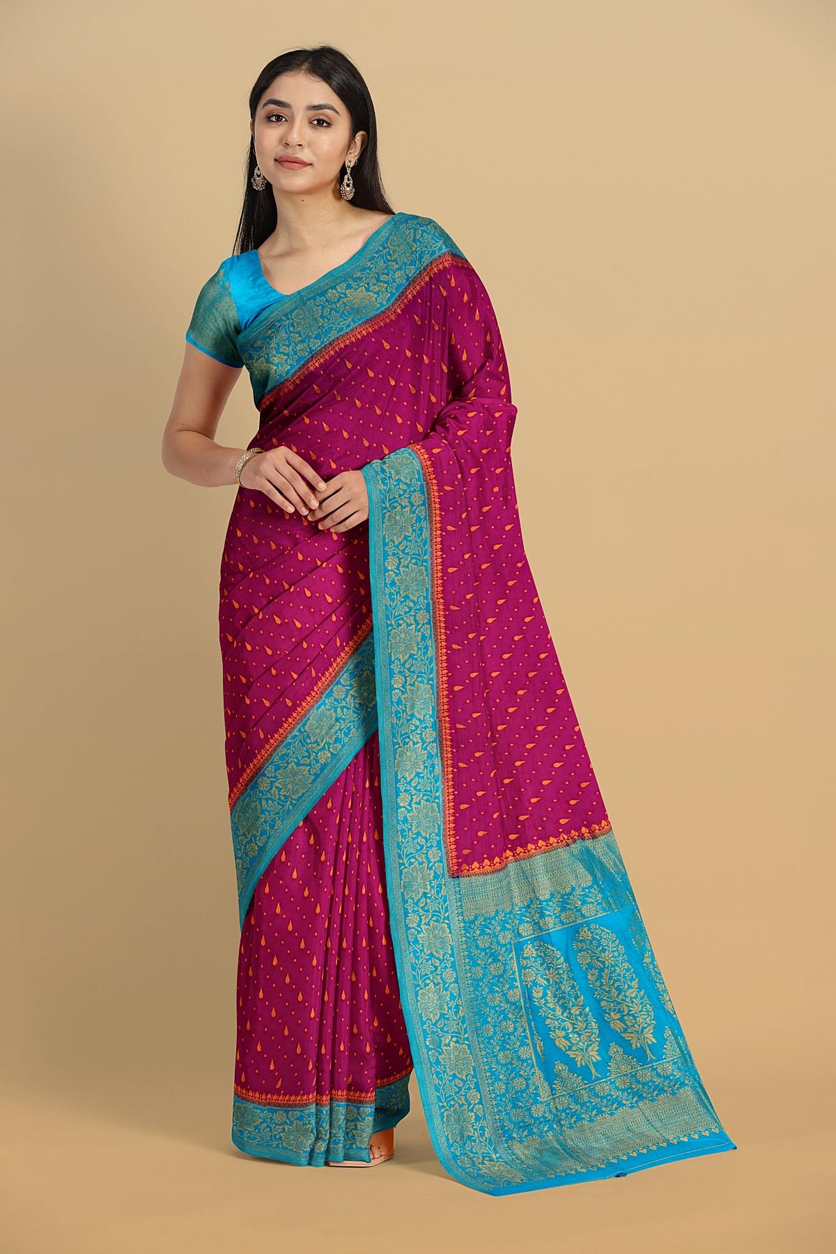 PURPLE and TEAL BUTTIS VISCOSE SILK Saree with BANARASI FANCY