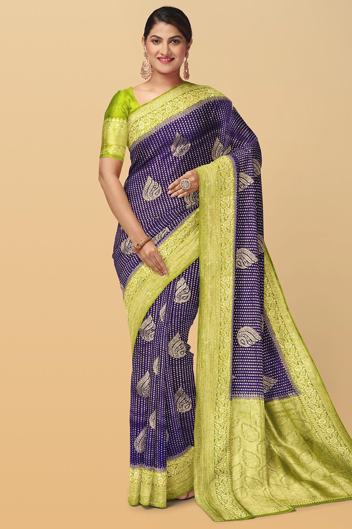 VIOLET and OLIVE GREEN BUTTIS VISCOSE SILK Saree with BANARASI FANCY