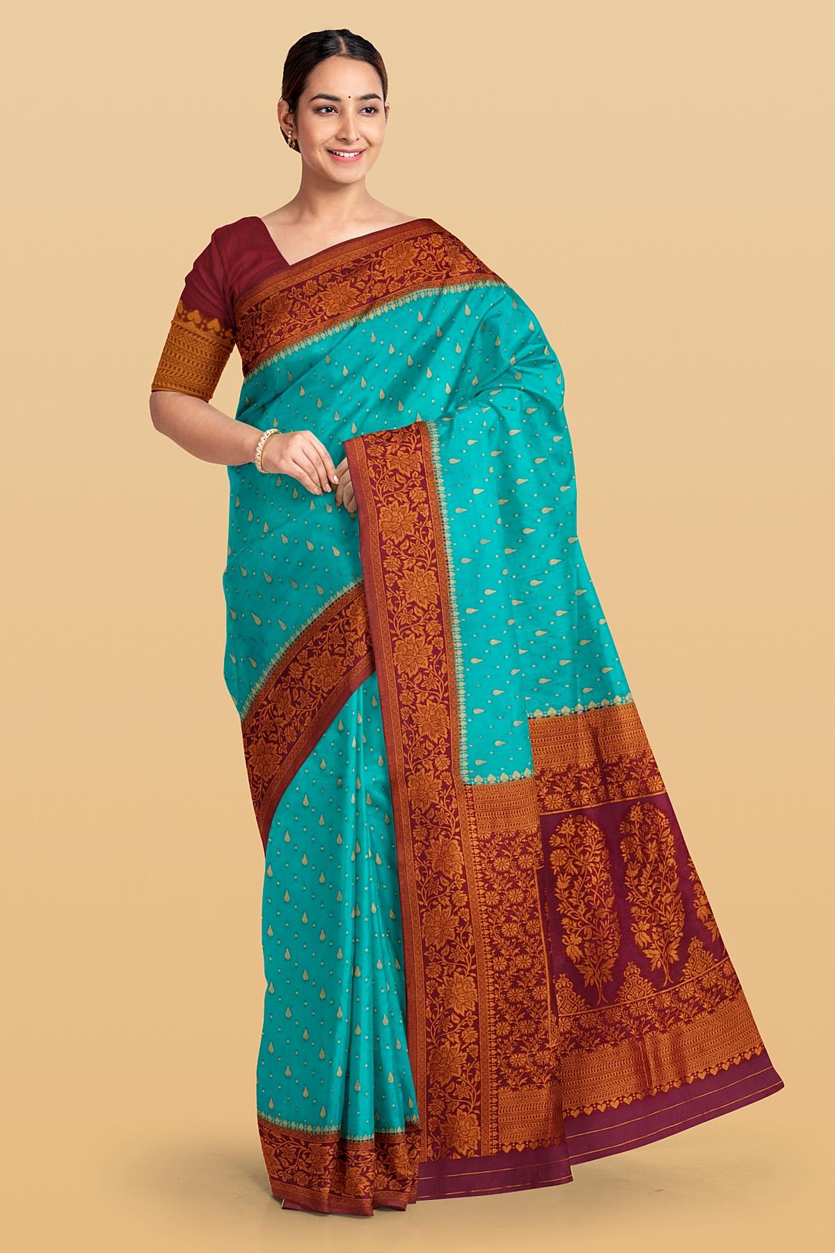 TEAL and MAROON BUTTIS VISCOSE SILK Saree with BANARASI FANCY