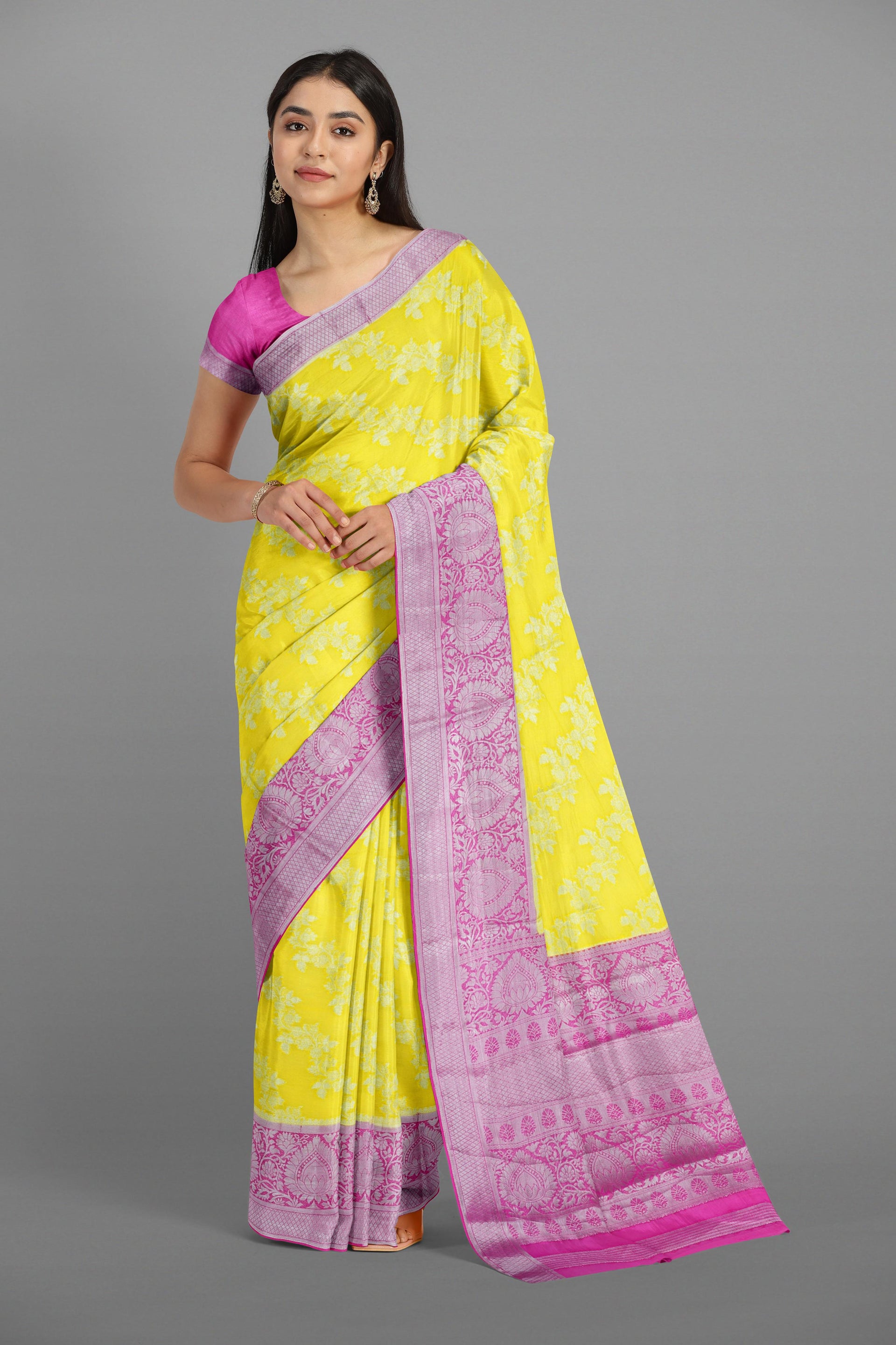 YELLOW and MAGENTA FLORAL JAAL CHIFFON Saree with BANARASI FANCY