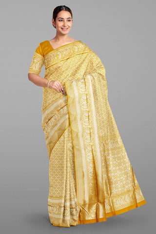 MUSTARD and SILVER CHECKS AND BUTTIS SILK Saree with BANARASI FANCY