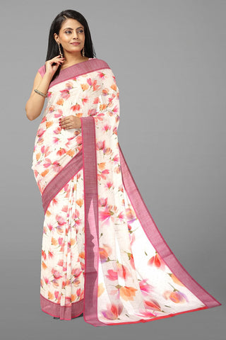 WHITE and DUSTY PINK FLORALS LINEN Saree with FANCY