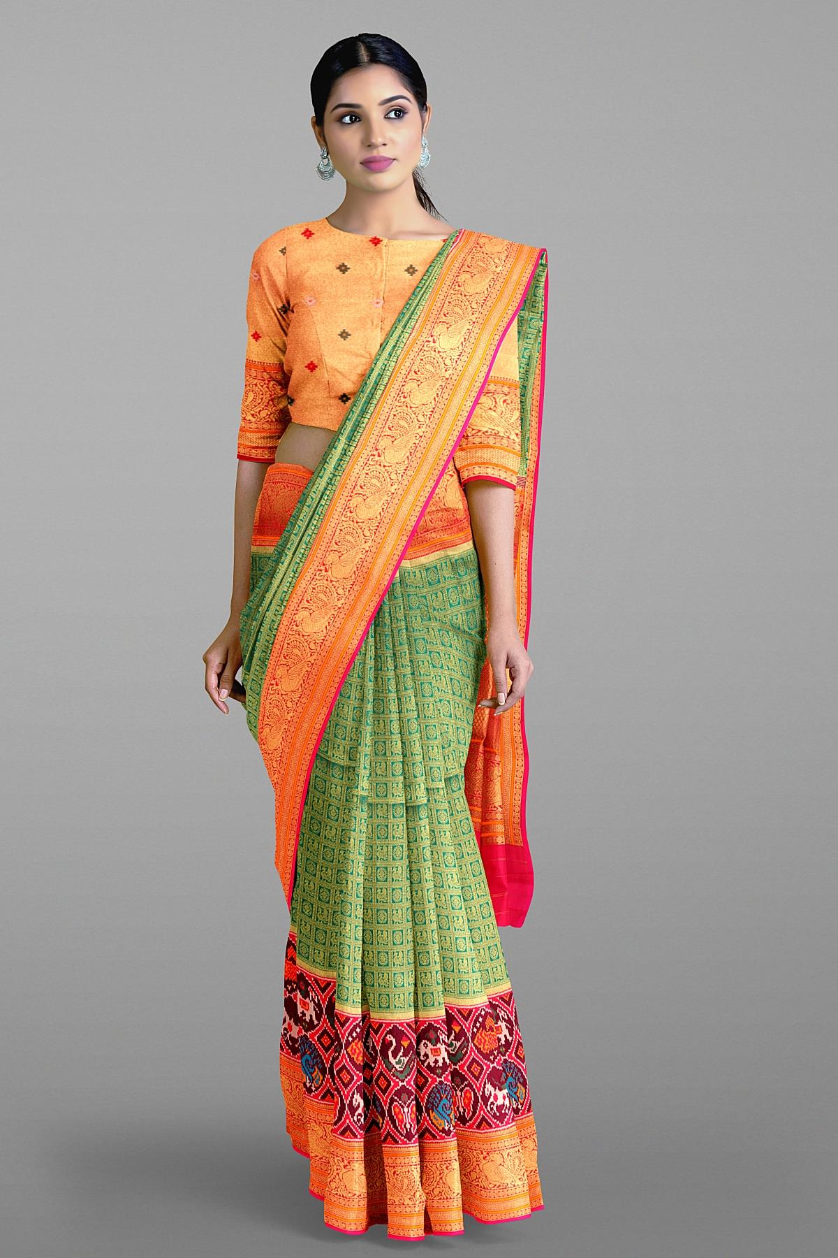 TEAL and DARK PINK CHECKS AND BUTTIS SILK Saree with BANARASI