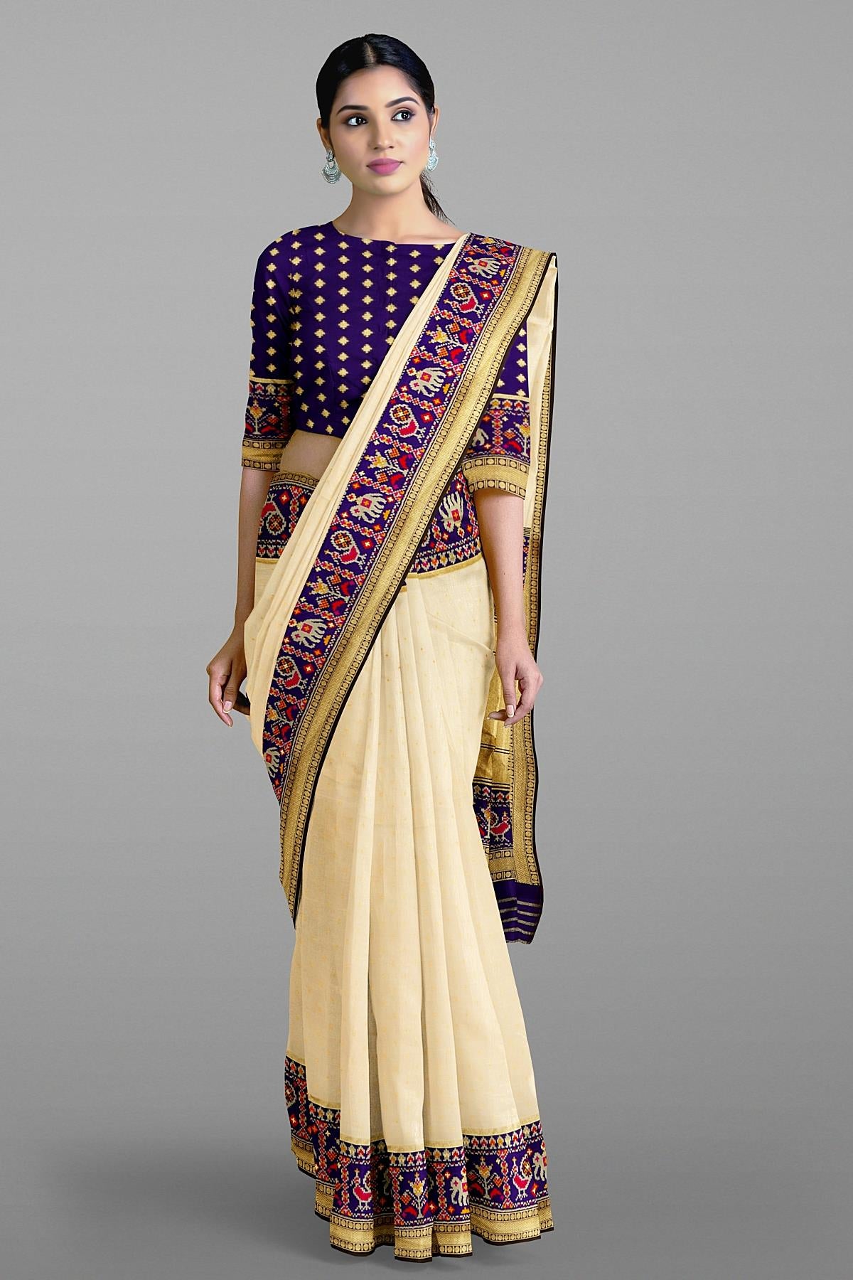 OFF WHITE and NAVY BLUE BUTTIS SILK Saree with BANARASI