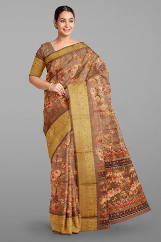 LIGHT BROWN and GOLD FLORALS SILK Saree with FANCY