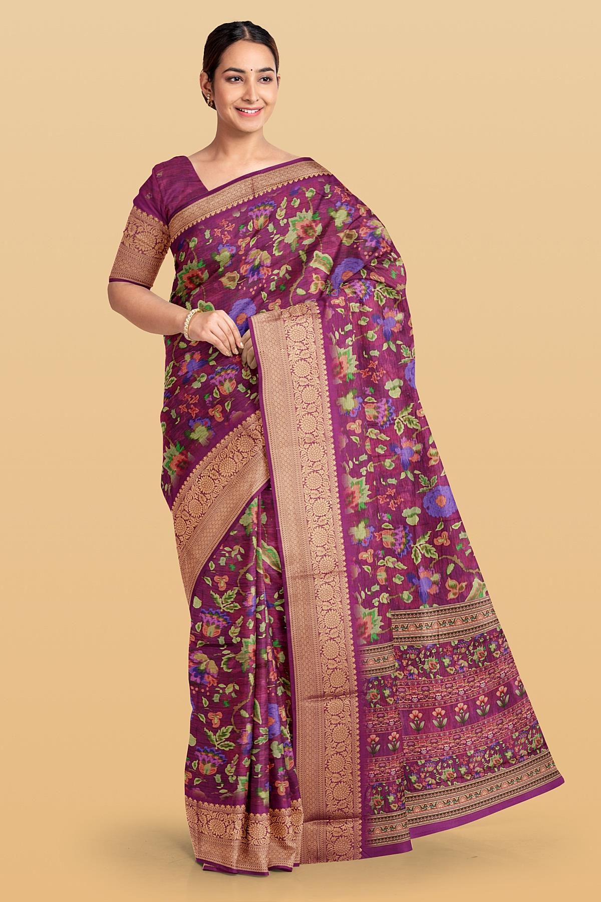 PURPLE and MULTI FLORALS SILK Saree with FANCY