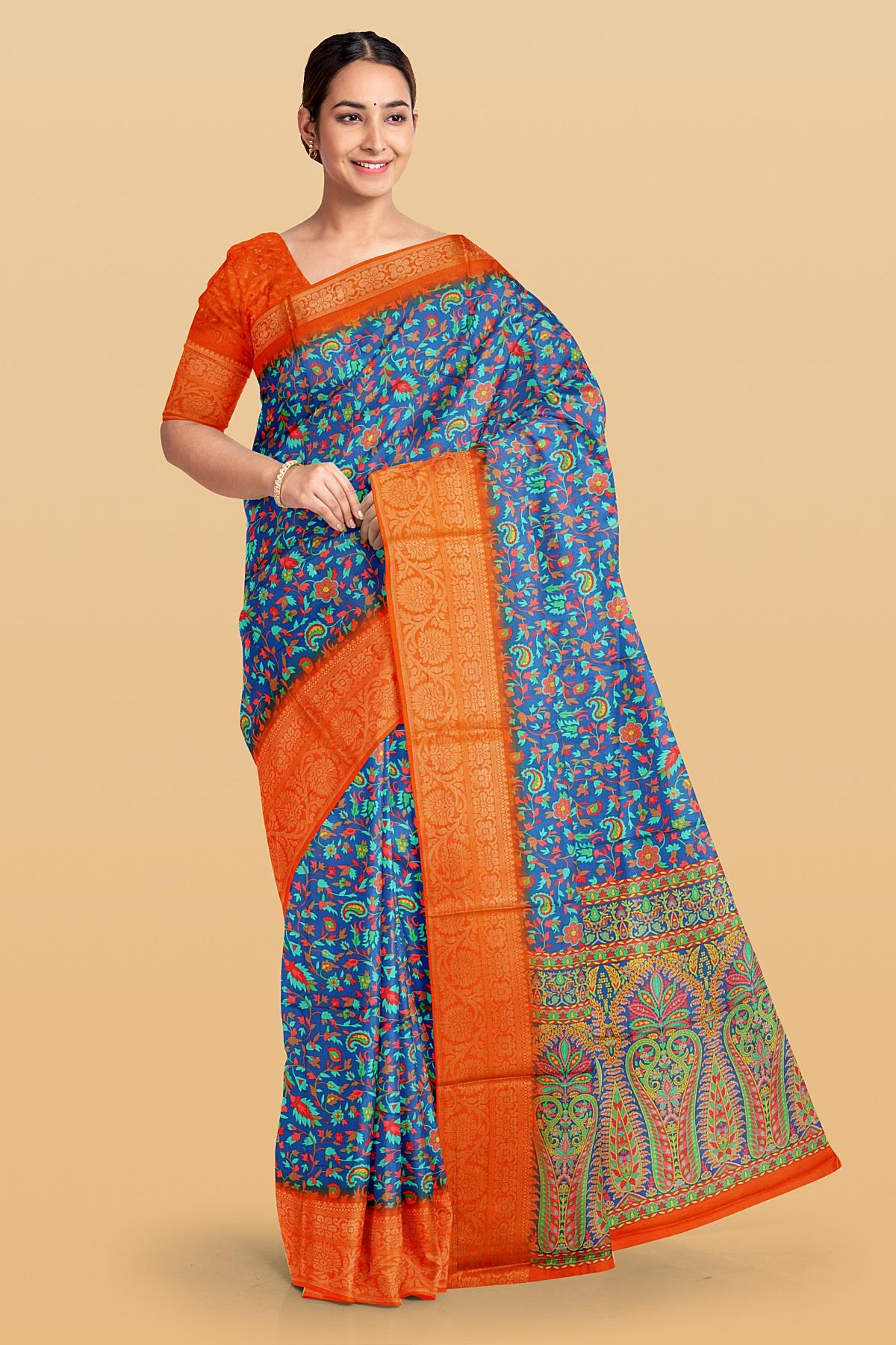 NAVY BLUE and DARK ORANGE KALAMKARI PRINT SILK Saree with FANCY