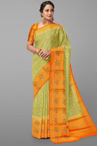 LITE OLIVE GREEN and ORANGE BUTTIS SILK Saree with FANCY