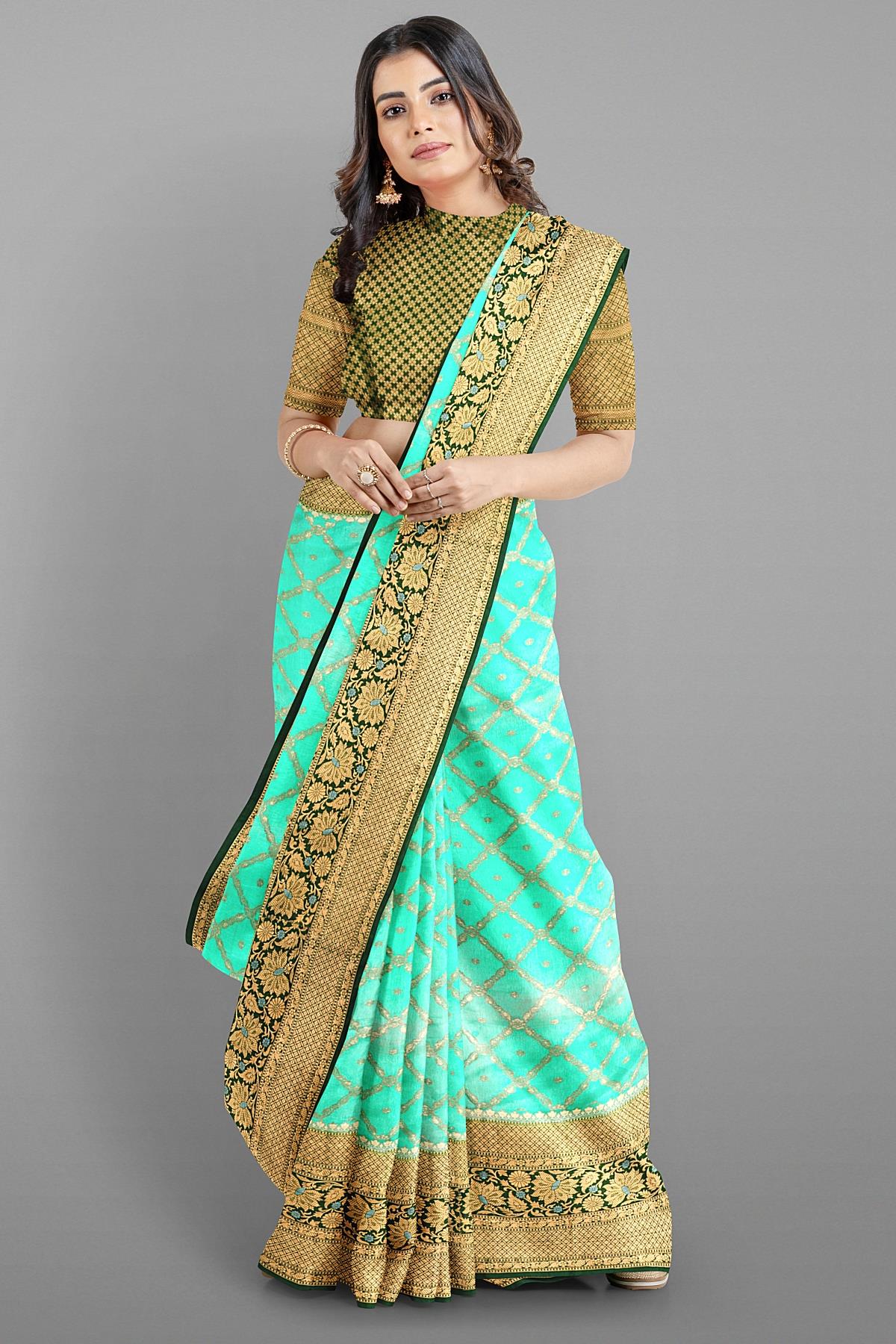 SEA GREEN and DARK GREEN JAAL SILK Saree with FANCY