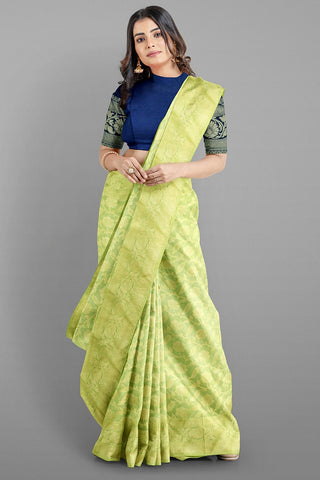 LIGHT GREEN and NAVY BLUE FLORAL JAAL SILK Saree with FANCY