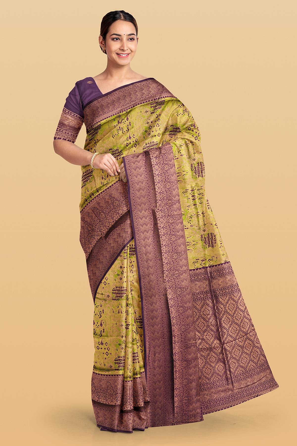 OLIVE GREEN and PURPLE DIGITAL PRINT SILK Saree with FANCY