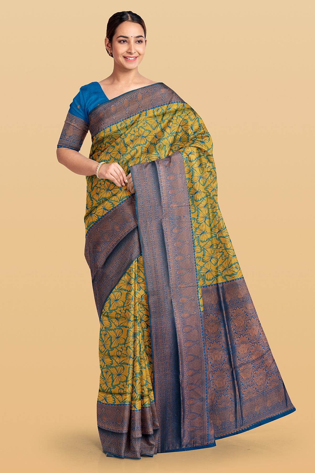 LIGHT OLIVE GREEN and DARK BLUE BUTTERFLY PRINT SILK Saree with FANCY