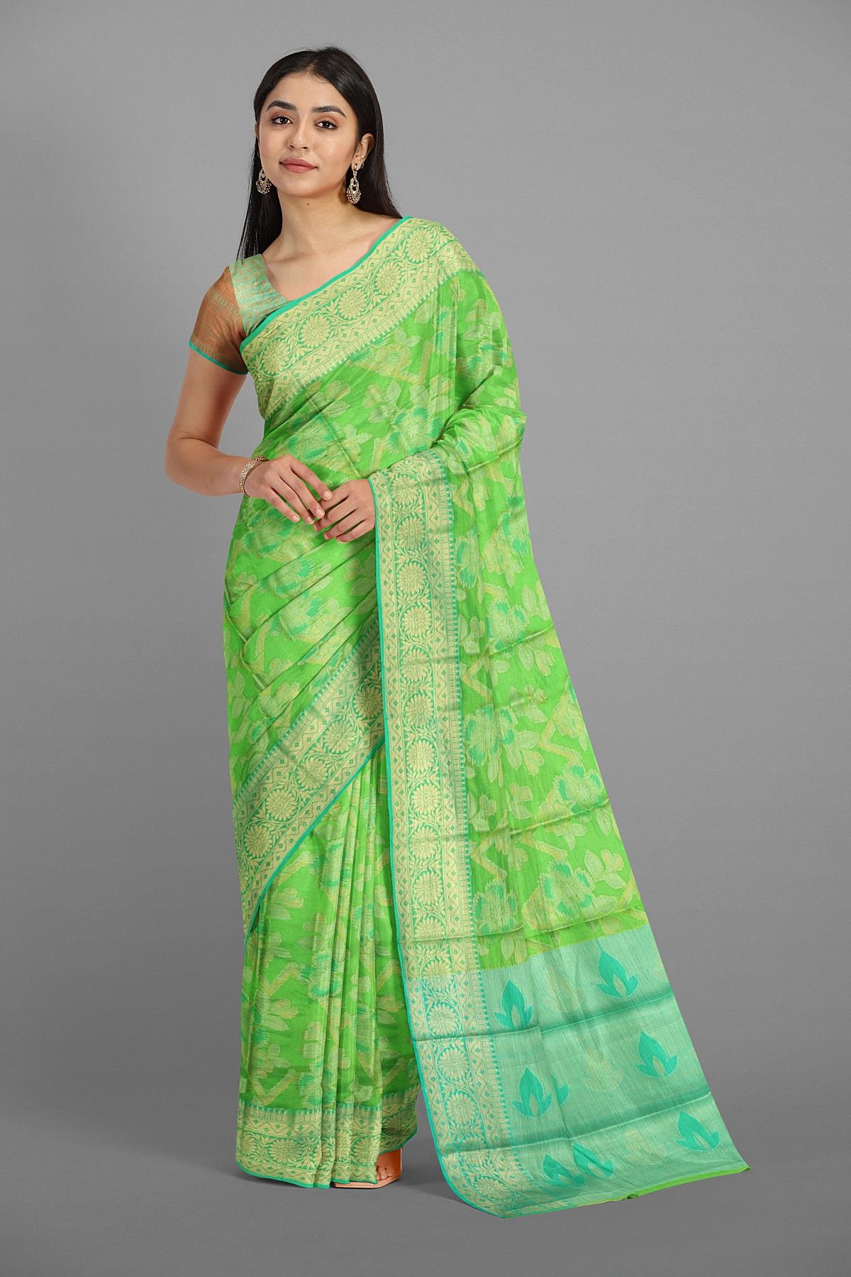 GREEN and SEA GREEN FLORAL JAAL SILK Saree with FANCY