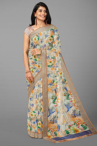 CREAM and MULTI FLORALS LINEN Saree with FANCY