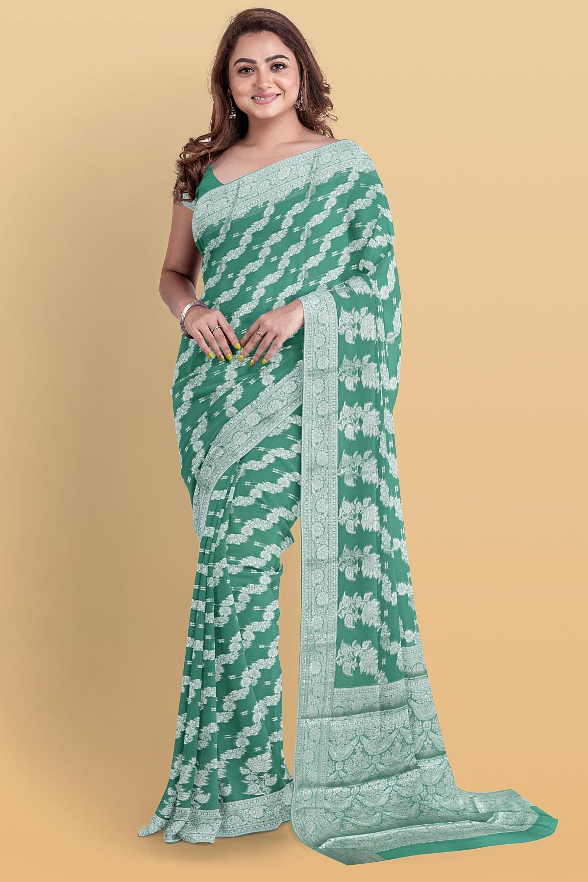 LIGHT OLIVE GREEN and SILVER FLORAL JAAL CHIFFON Saree with BANARASI FANCY