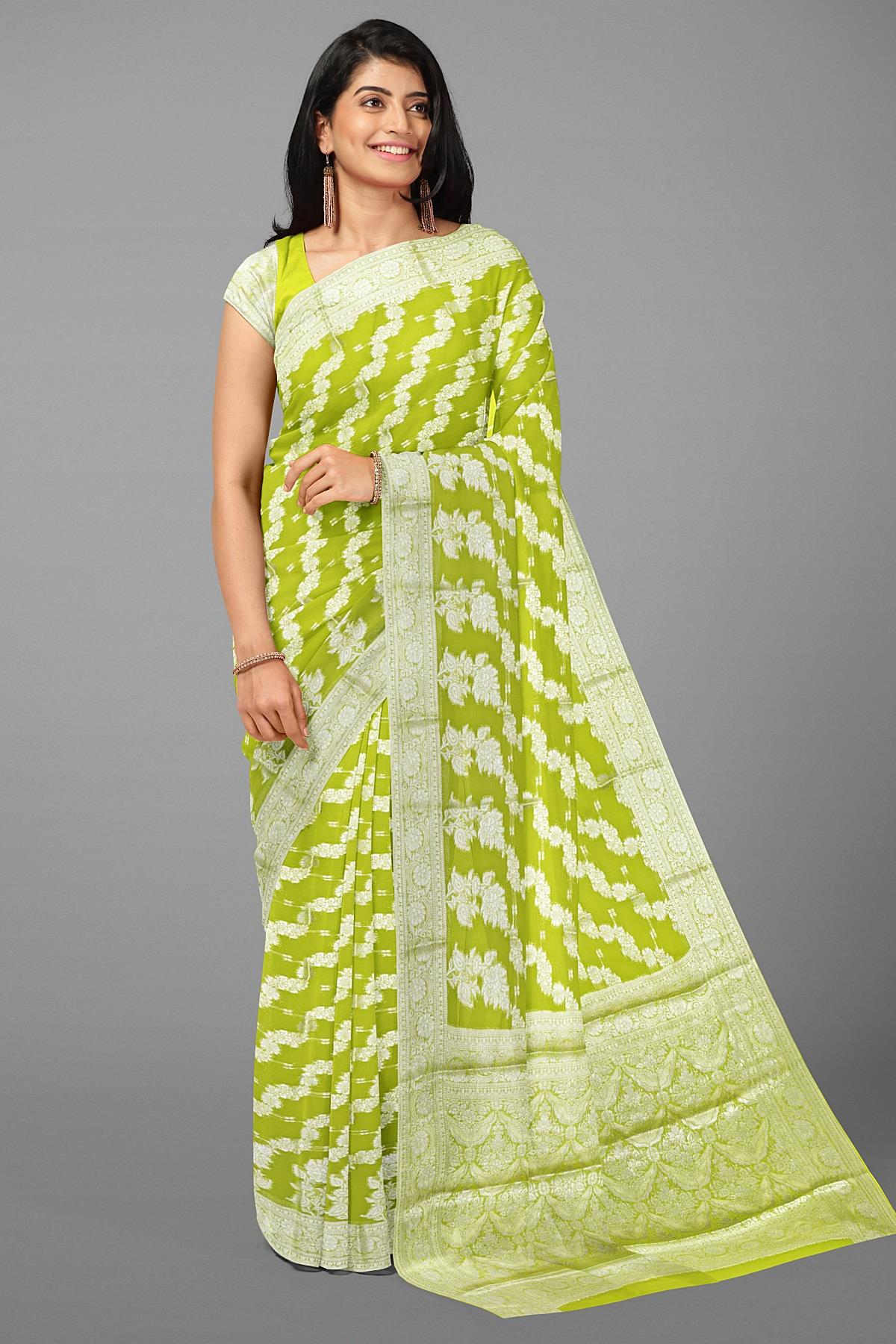 LIME GREEN and SILVER FLORAL JAAL CHIFFON Saree with BANARASI FANCY