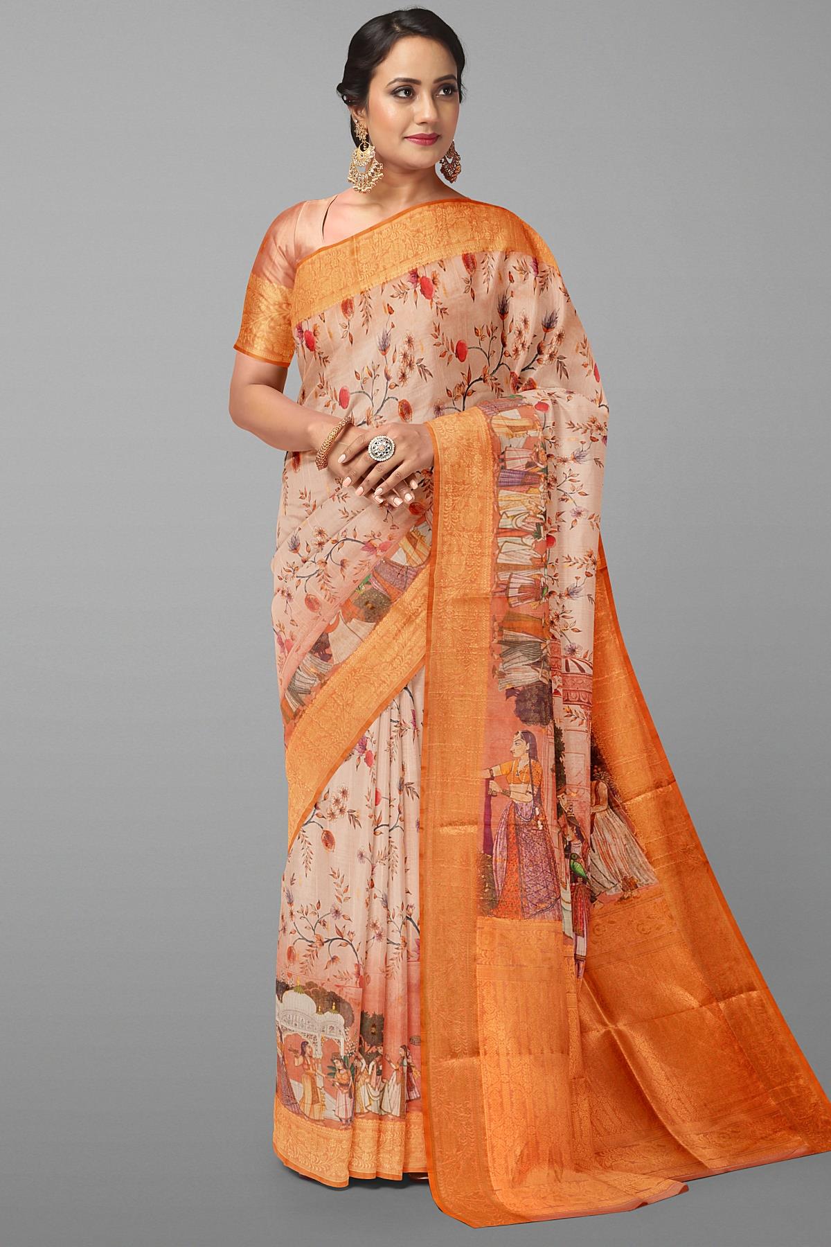 PEACH and RUST FLORALS SILK Saree with FANCY