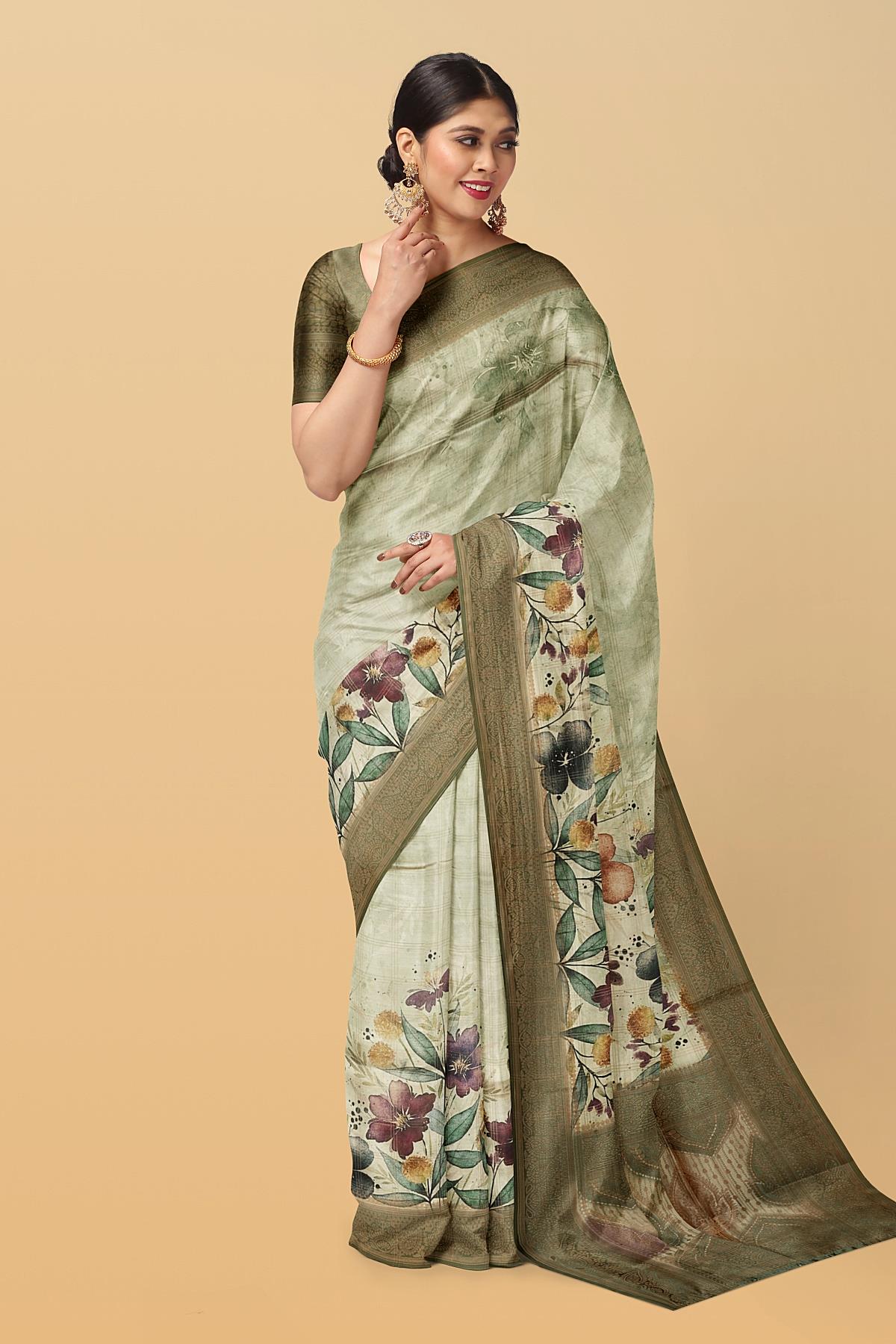 MULTI and OLIVE GREEN CHECKS & FLORALS TUSSAR SILK Saree with FANCY