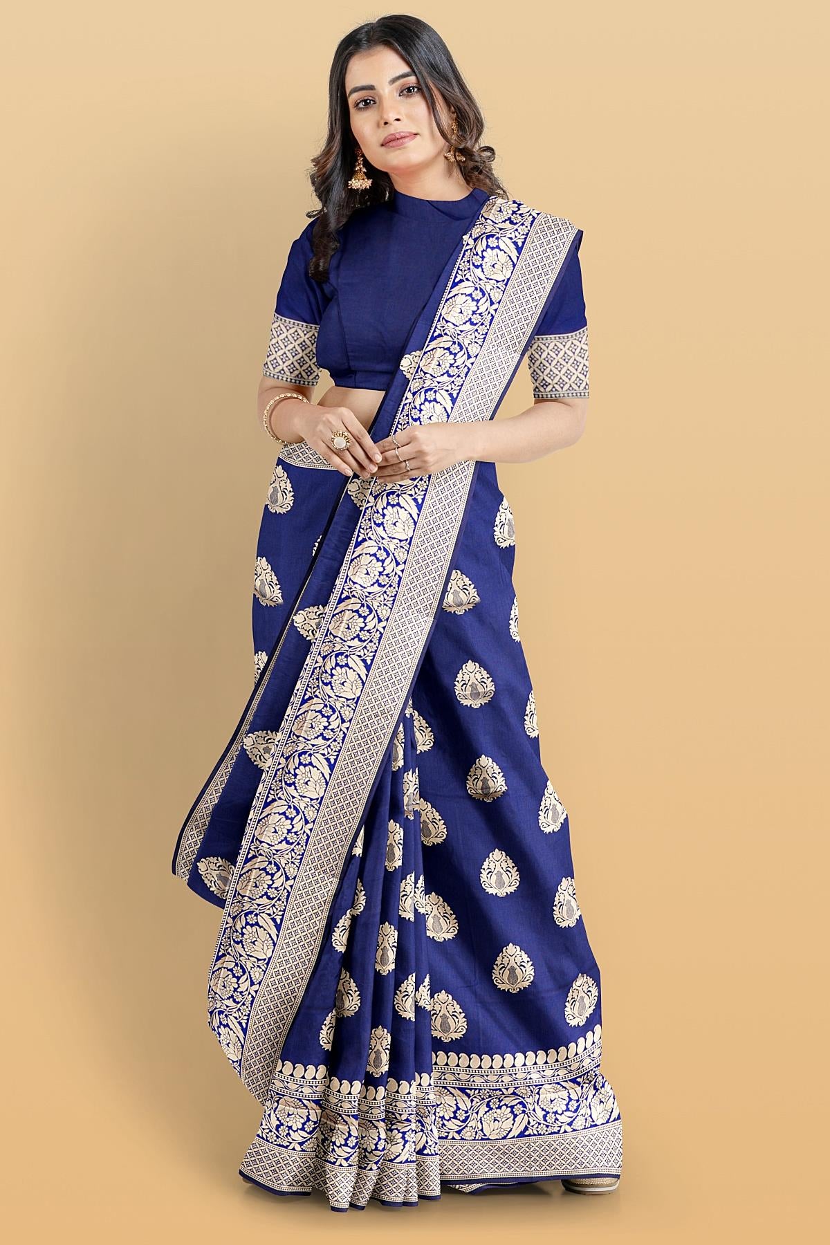 NAVY BLUE and GOLD BUTTIS SILK BLEND Saree with SEMI PATTU